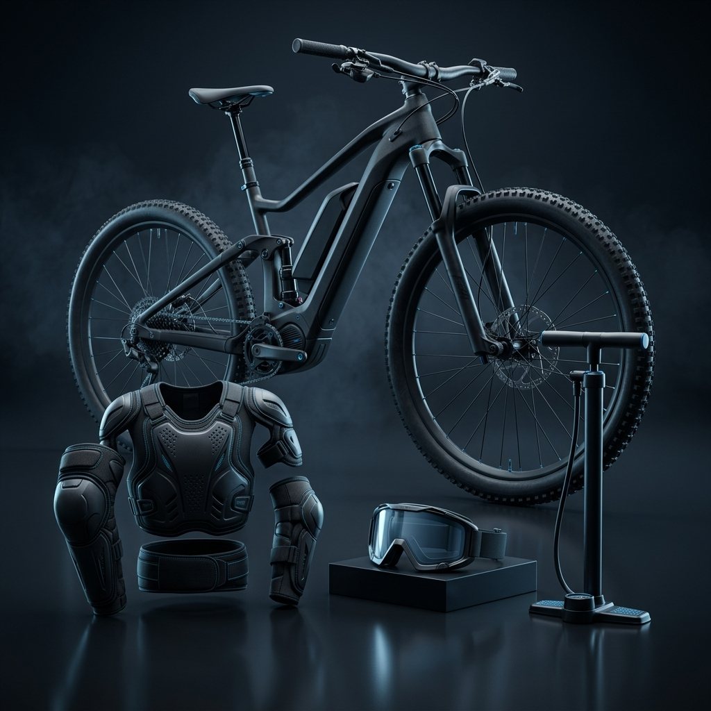 E-bike, protection gear, goggles and pump